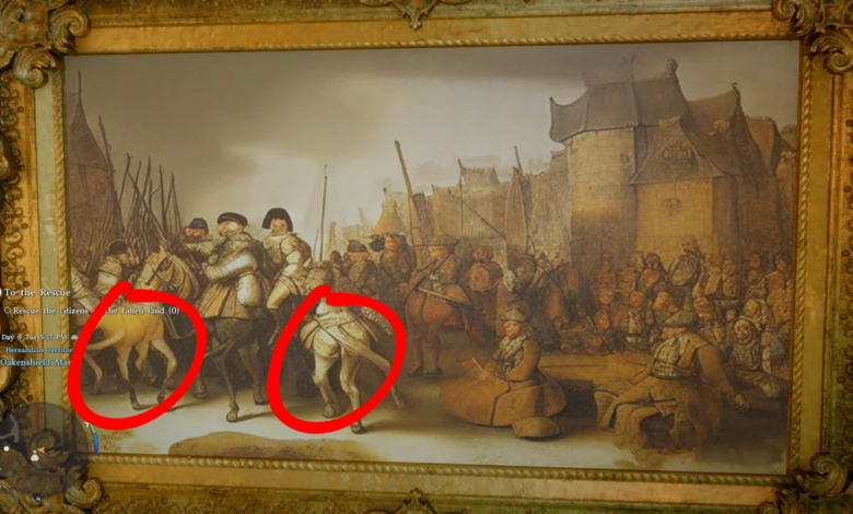 What-appears-to-be-an-AI-generated-images-of-a-historic-painting-with-strange-figures-on-horseback-some-of-which-melt-into-the-bodies-of-the-horses